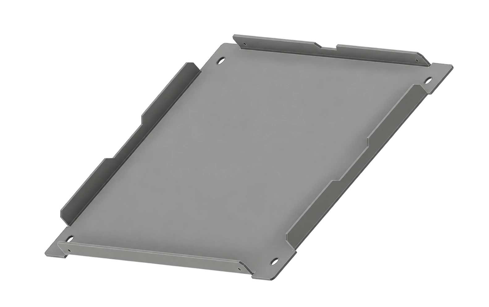 3D model obdélníkového plechového krytu s ohnutými obvodovými lemy a upevňovacími otvory.